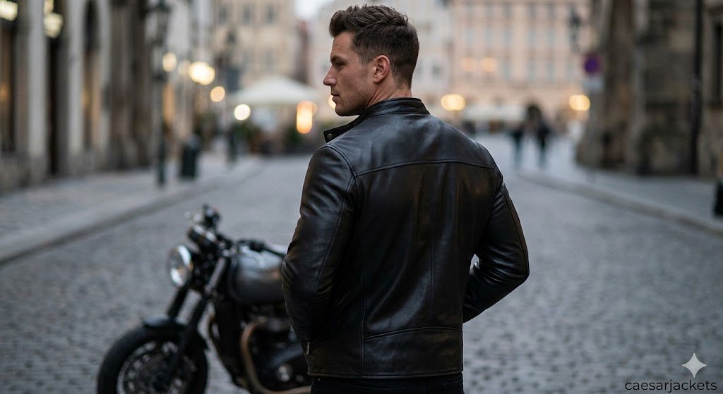 Athletic man wearing the best leather jacket for broad shoulders with zero pulling at the seams
