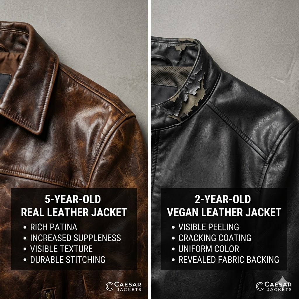 Visual evidence of real leather vs vegan leather durability showing natural aging vs synthetic peeling