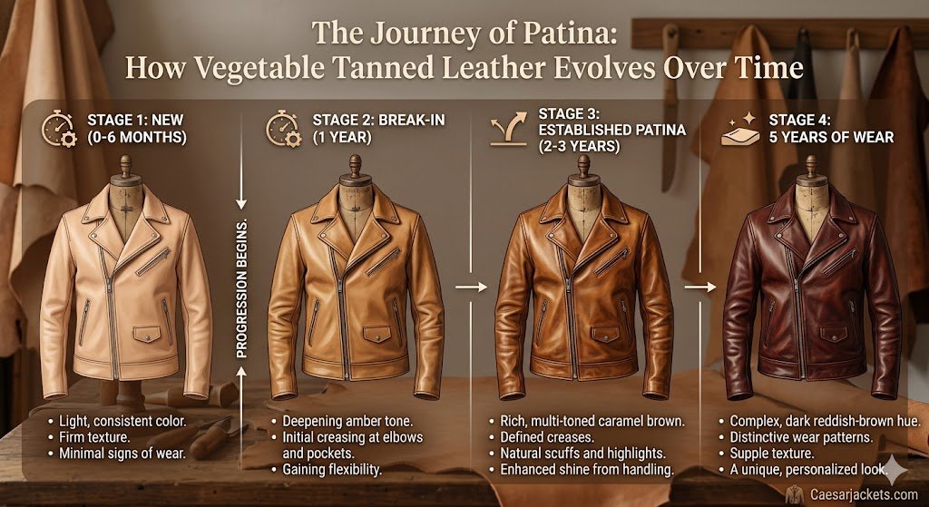 Visual progression of vegetable tanned leather jacket patina from new to 5 years of wear