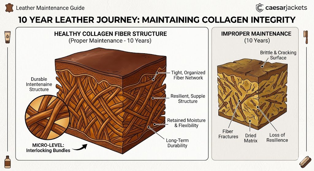 Diagram showing healthy collagen fiber structure in a leather jacket after 10 years of proper maintenance