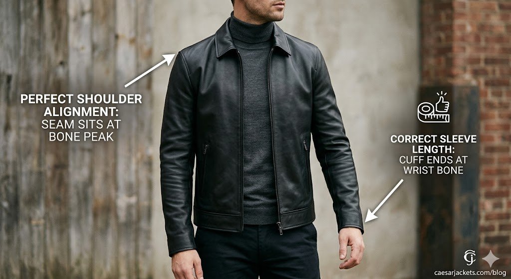 Correct tailoring proportions for minimalist leather jacket outfits showing shoulder and wrist bone alignment
