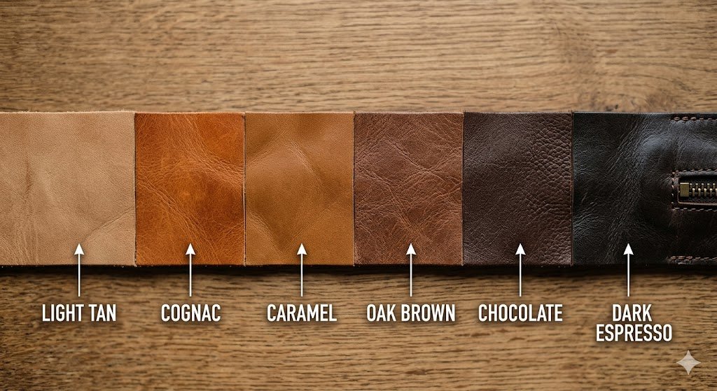 A spectrum of leather jacket brown colour shades showing variations from tan to dark espresso