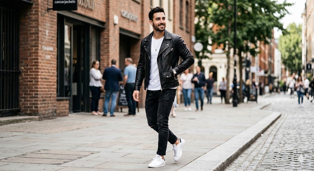 A stylish man demonstrating what to wear with black leather jacket by pairing it with slim black jeans and a white tee