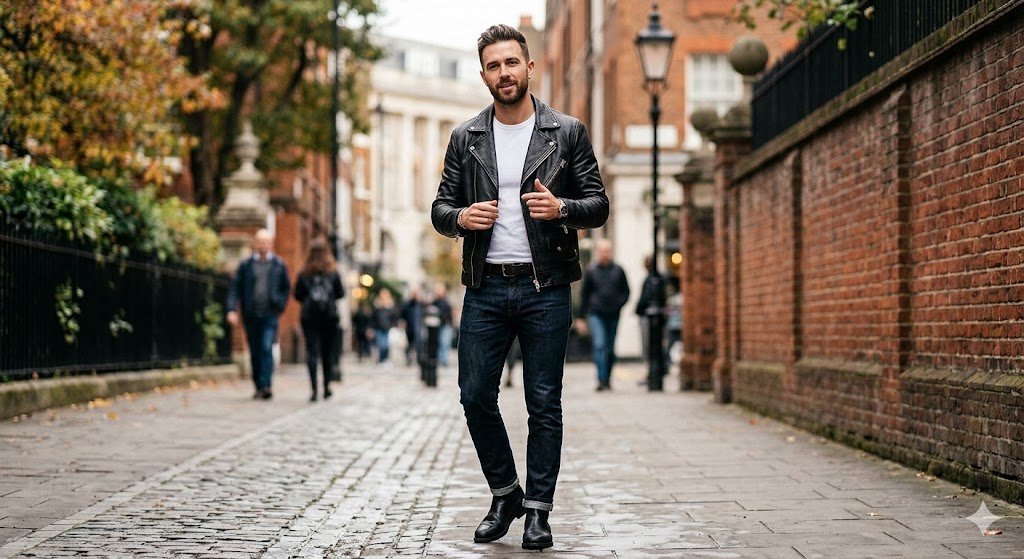 A man demonstrating how to style a leather jacket men by pairing a black biker jacket with a white tee and dark denim