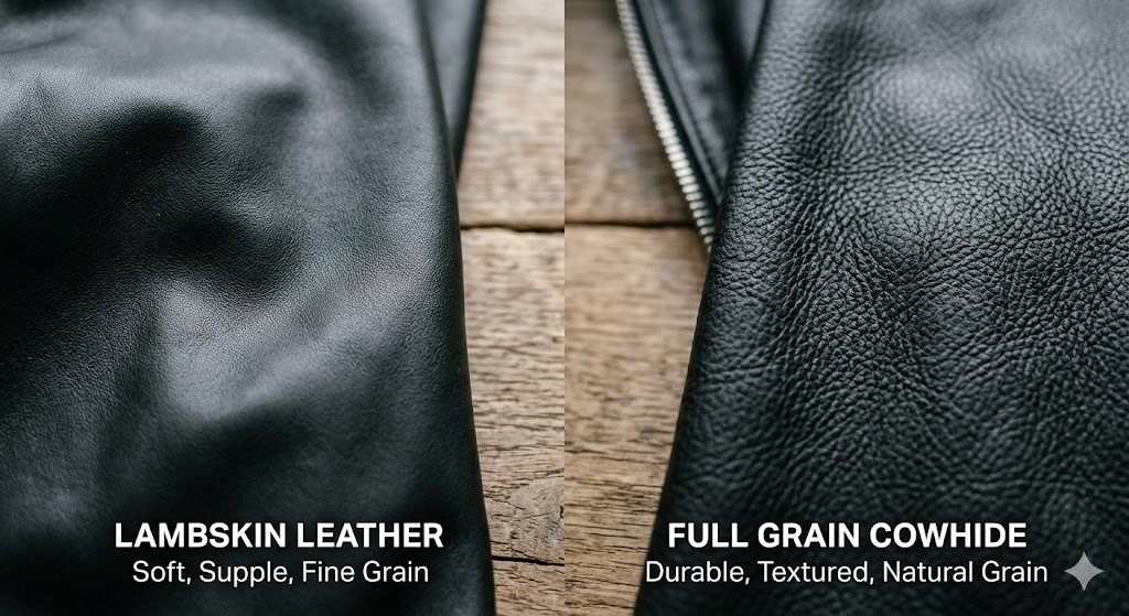 Close-up comparison of lambskin and full grain cowhide textures for minimalist leather jacket outfits