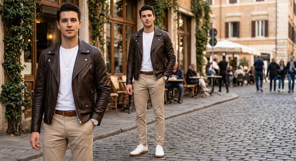 Perfect length and fit demonstration of a dark brown leather jacket for a first-time buyer outfit