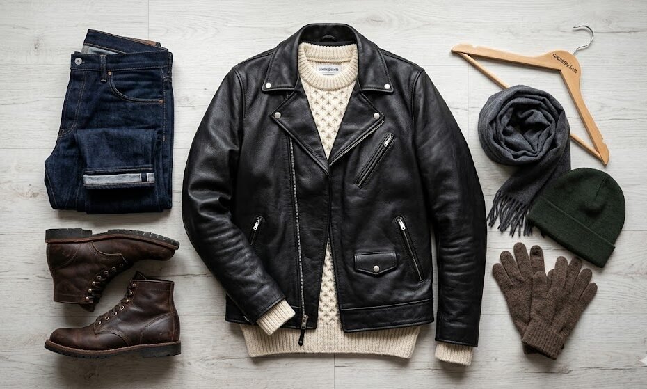 Smart winter layering layout showing a black leather jacket with a wool sweater