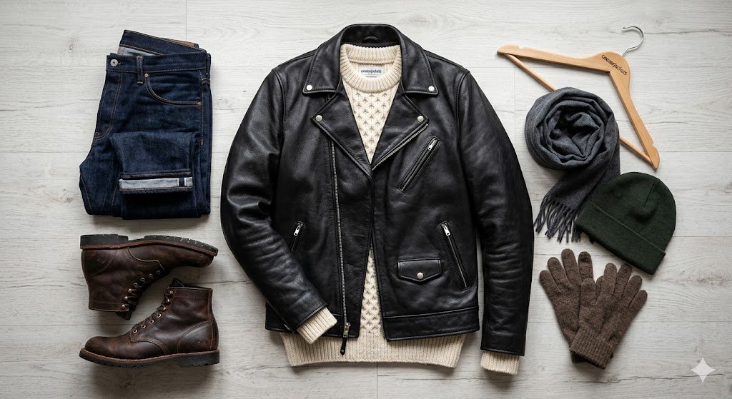 Smart winter layering layout showing a black leather jacket with a wool sweater