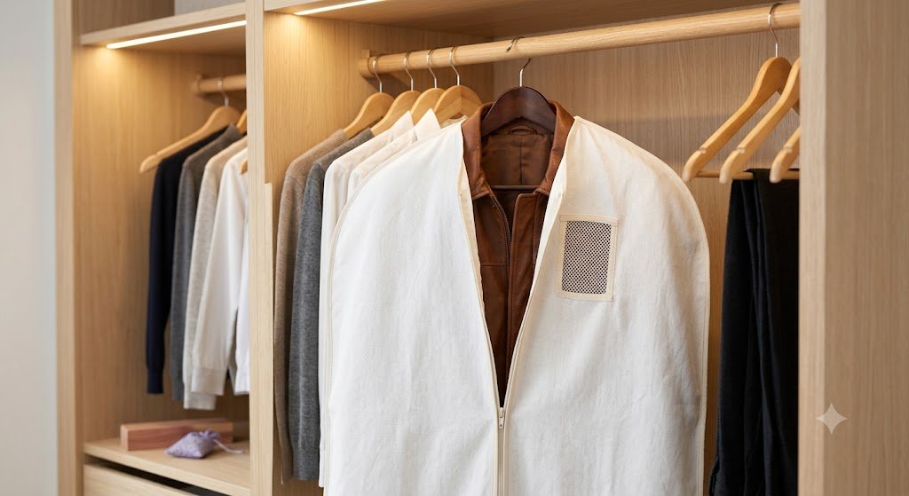 Ideal wardrobe setup showing how to store a leather jacket in summer inside a breathable cotton cover
