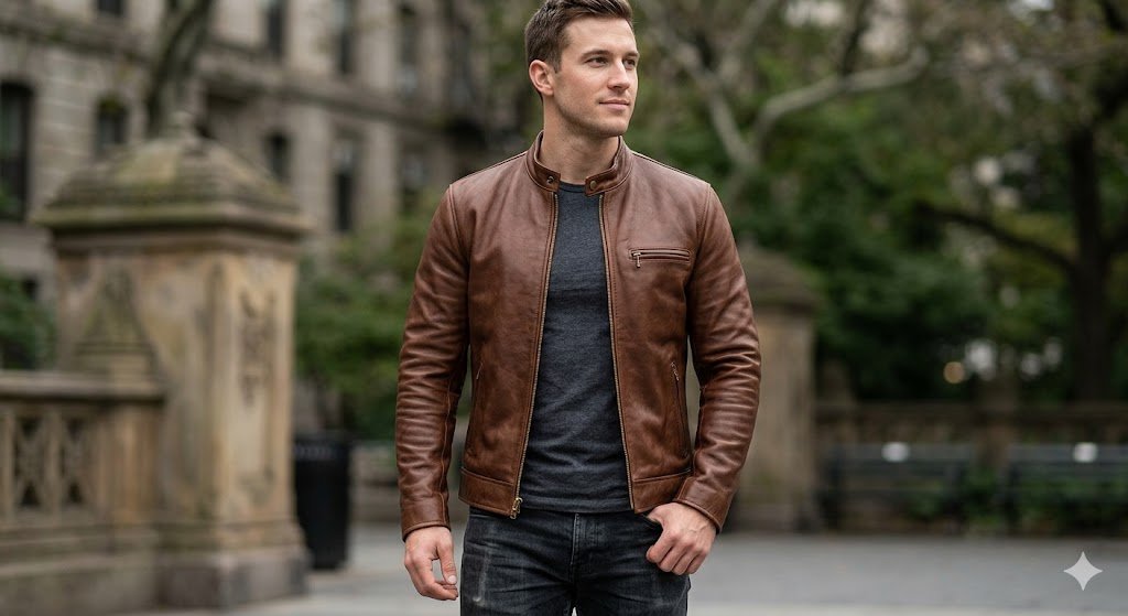 Athletic fit overview displaying the best leather jacket style for body type configurations with wide shoulders