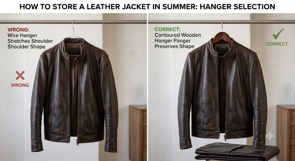 Proper hanger selection demonstrating how to store a leather jacket in summer to preserve shoulder shape