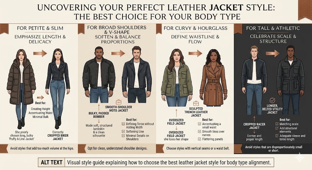 Visual style guide explaining how to choose the best leather jacket style for body type alignment