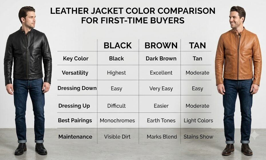 Color comparison matrix showcasing the best leather jacket color for first-time buyers in black brown and tan