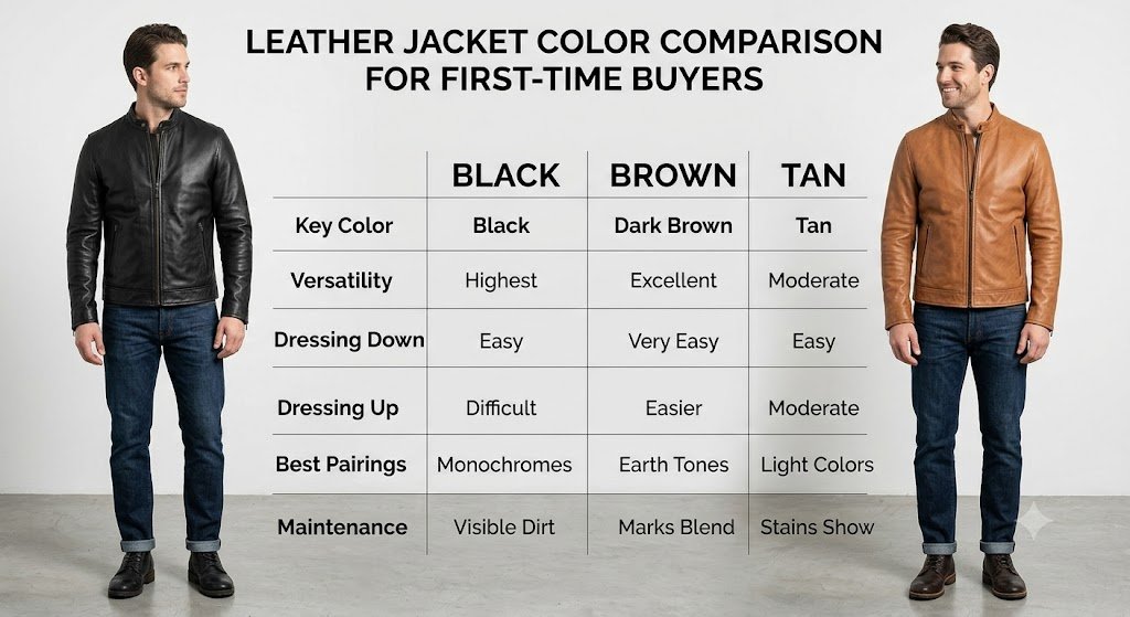 Color comparison matrix showcasing the best leather jacket color for first-time buyers in black brown and tan