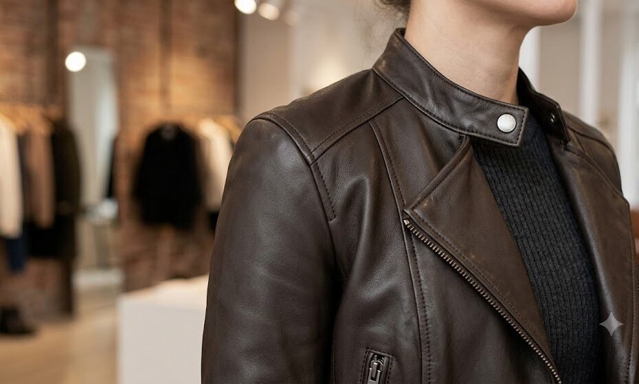 A close-up view displaying perfect natural shoulder seam alignment on the best leather jacket for petite women