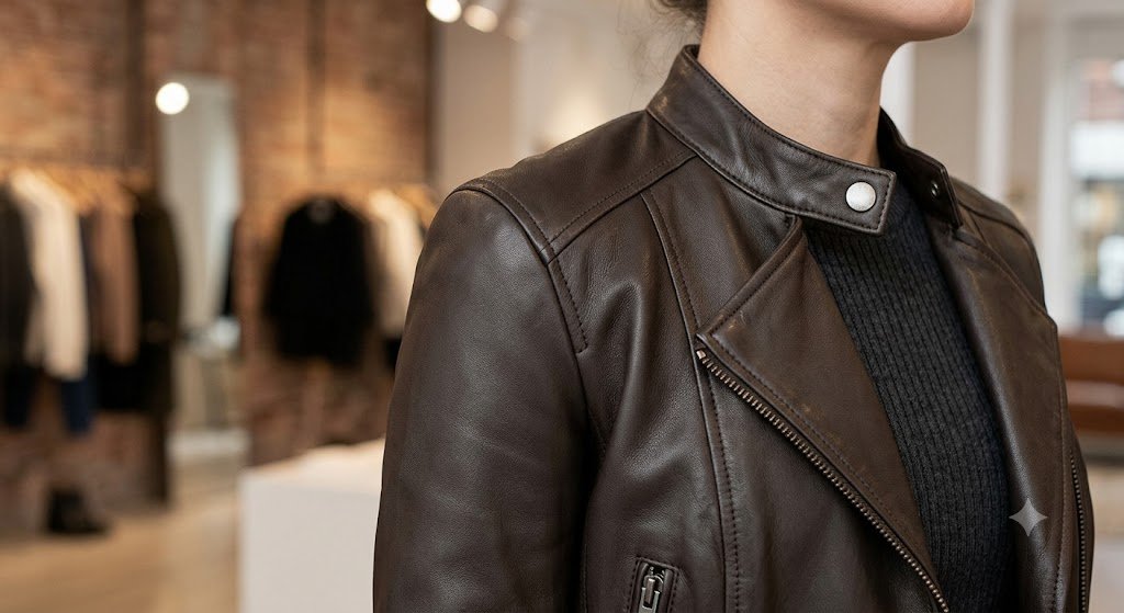 A close-up view displaying perfect natural shoulder seam alignment on the best leather jacket for petite women
