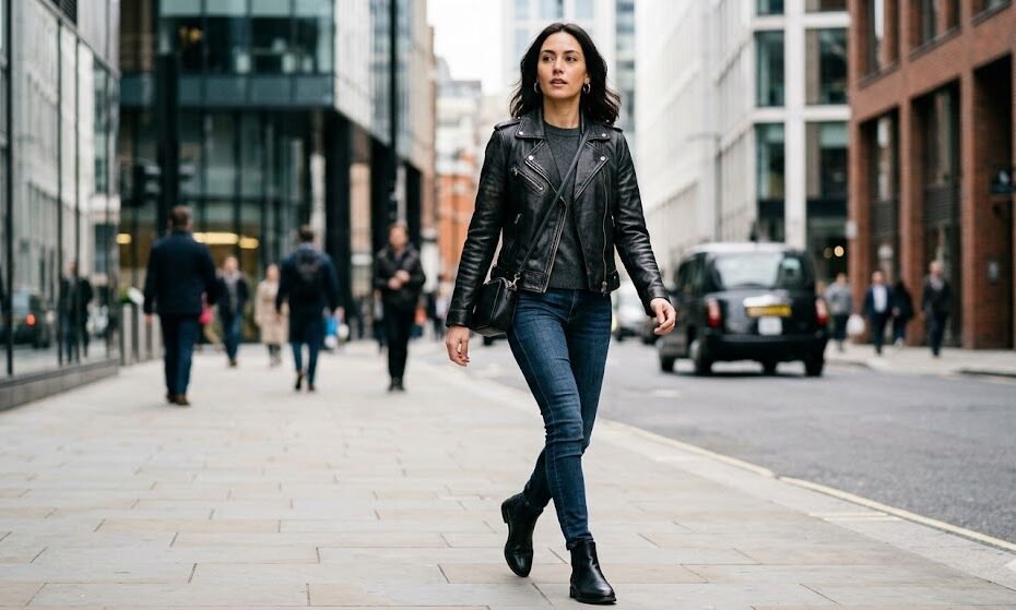 A modern showcase of the best leather jacket styles for women focusing on the classic black motorcycle jacket fit