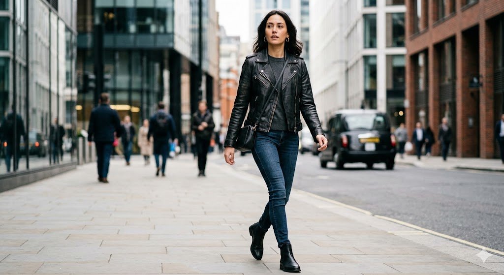 A modern showcase of the best leather jacket styles for women focusing on the classic black motorcycle jacket fit