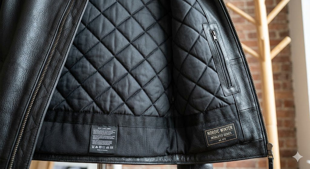 Inside lining inspection of a premium winter leather jacket