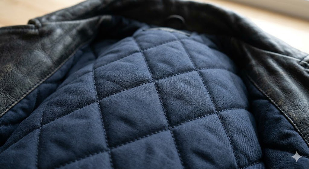 A detailed macro view highlighting the diamond stitching pattern of the best lining for a winter leather jacket