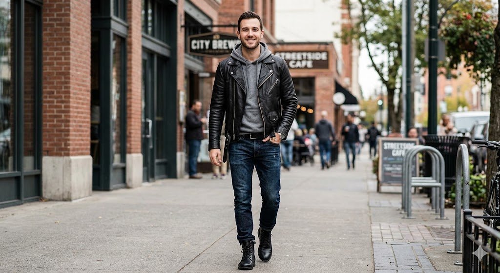A man showcasing a black leather jacket style by pairing a black biker jacket with a gray hoodie and dark jeans