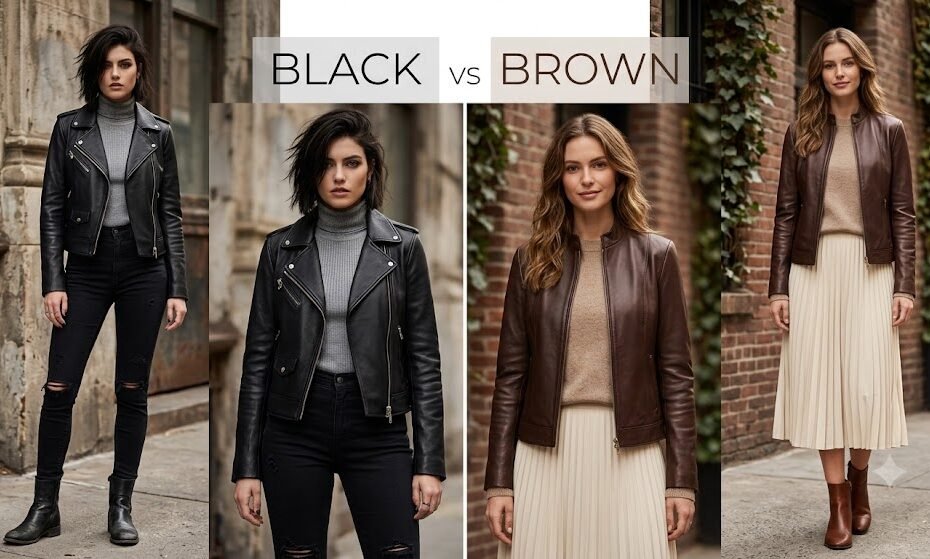 Aesthetic comparison of a brown vs black leather jacket for women