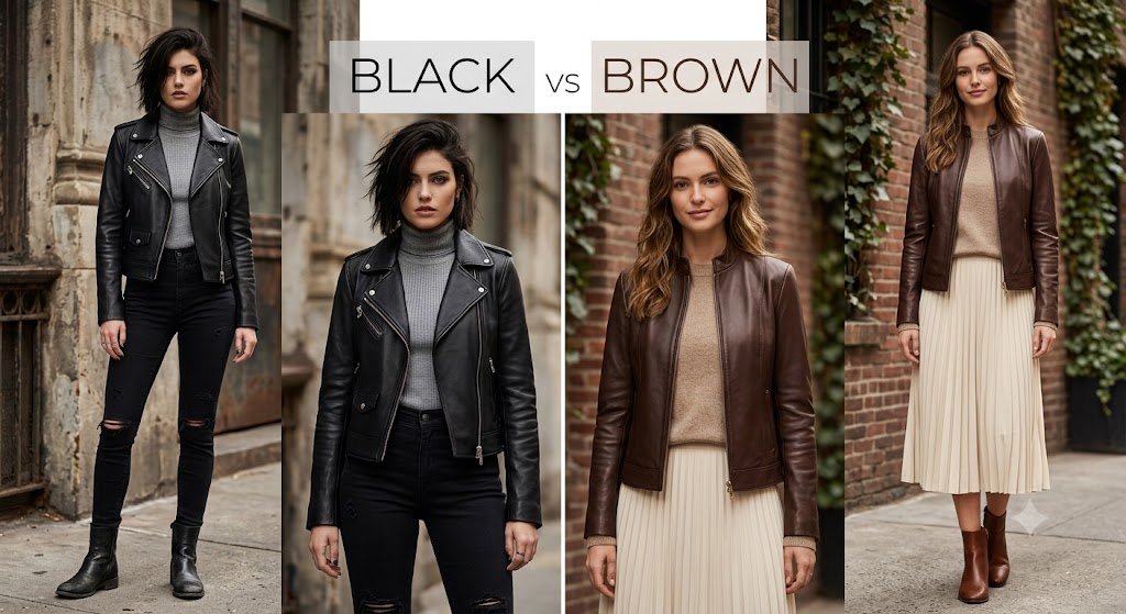 Aesthetic comparison of a brown vs black leather jacket for women
