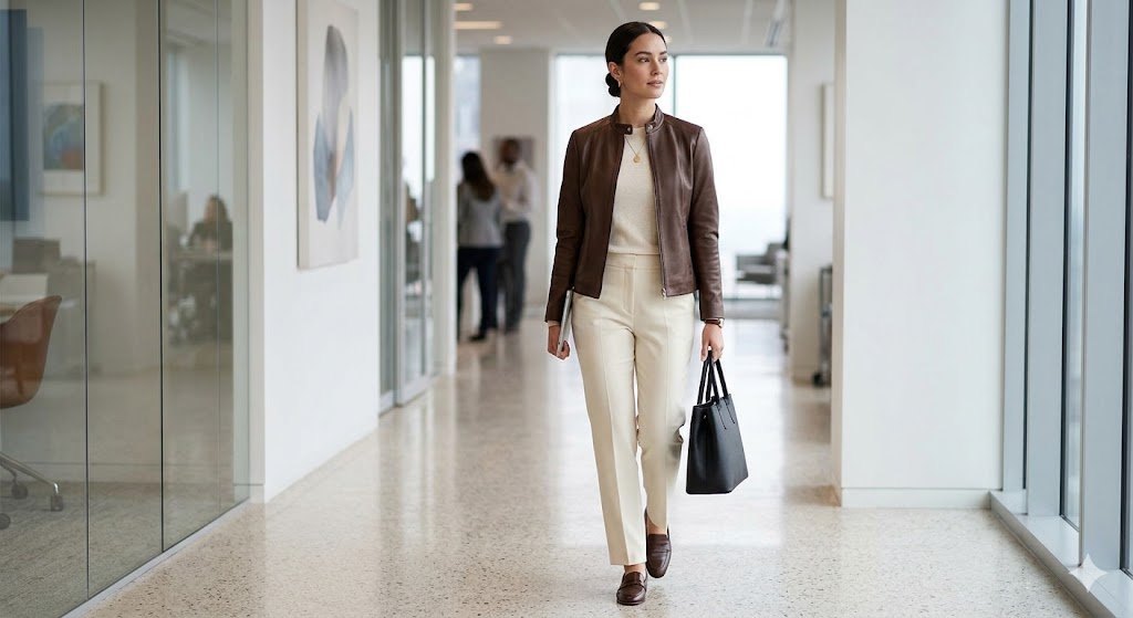 Minimalist styling examples highlighting the best leather jacket styles for women for corporate environments