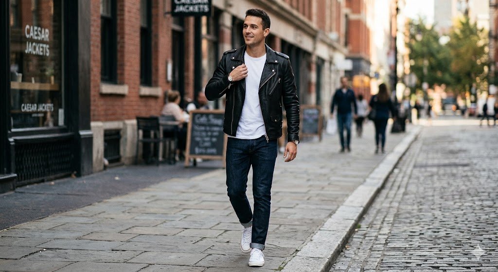 A man demonstrating how to style a leather jacket men by pairing a black biker jacket with a white tee and dark denim