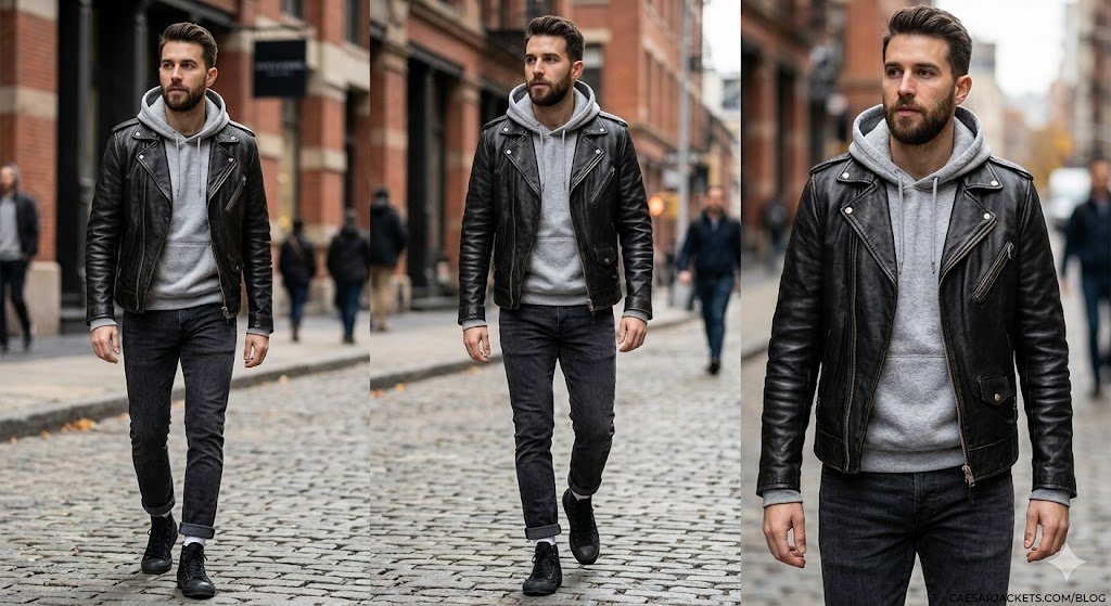 A man showcasing a classic streetwear aesthetic by layering a heather grey pullover hoodie under a black biker leather jacket with dark slim jeans