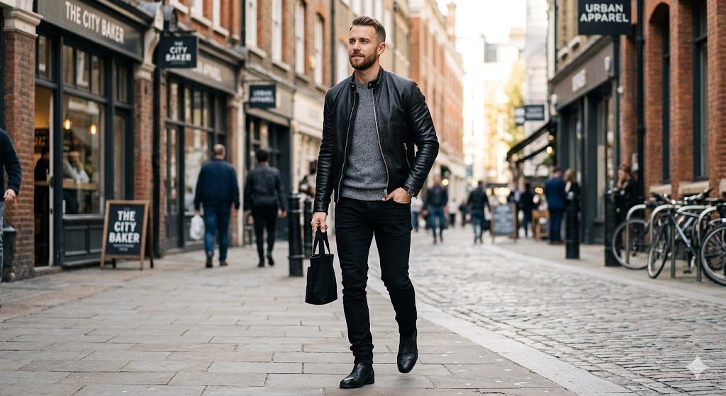 Modern urban street style showcasing versatile outfits with leather jacket men can wear for a smart casual look