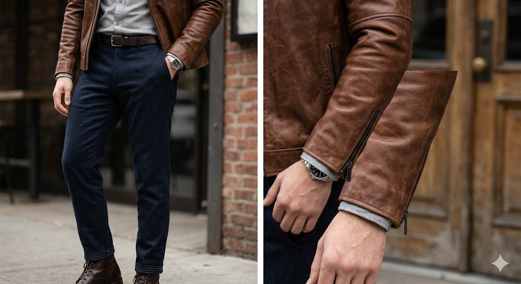 Close up detailing of sleeve length alignment in outfits with leather jacket men for flawless tailoring