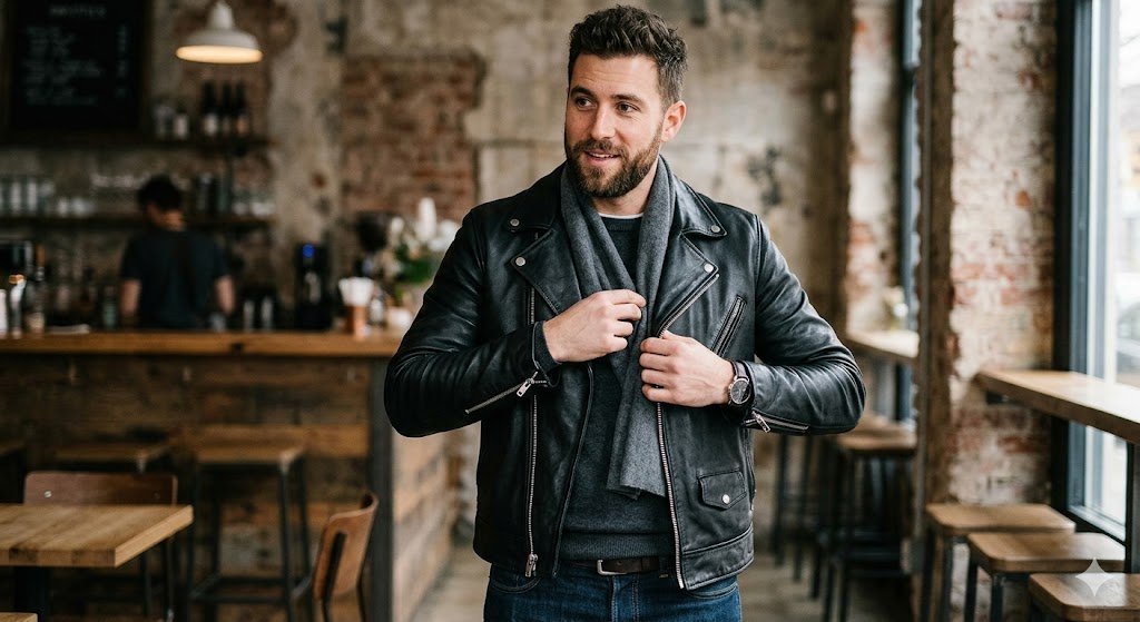 A man demonstrating how to style a leather jacket with scarf by wearing a gray cashmere scarf inside a black leather biker jacket