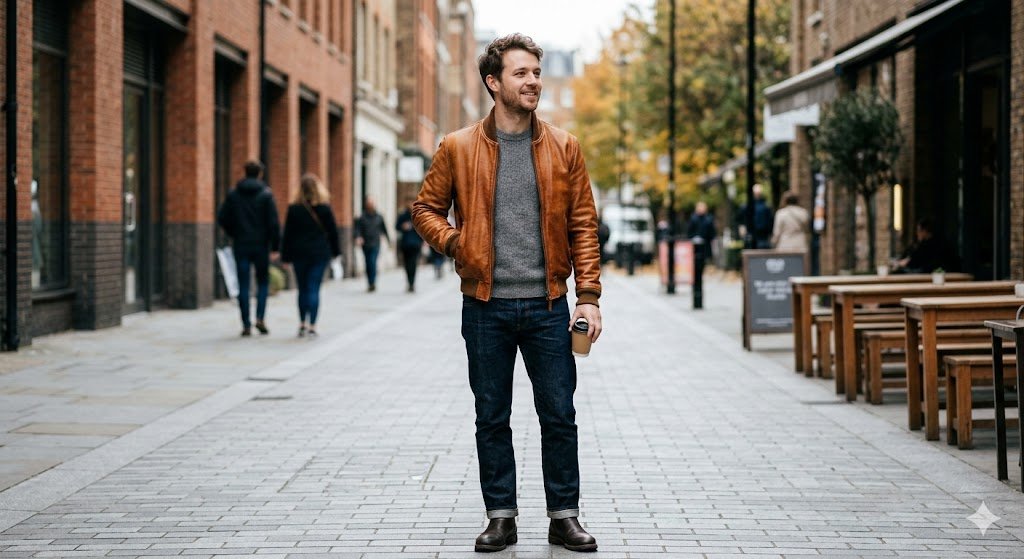 A man wearing an outfit brown leather jacket style by pairing a tan leather bomber jacket with a grey sweater and dark jeans