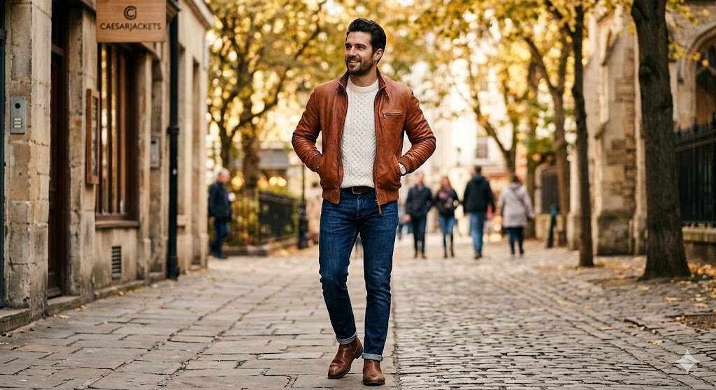 A man demonstrating what goes with brown leather jacket by pairing a cognac leather jacket with an off-white knit sweater and blue jeans