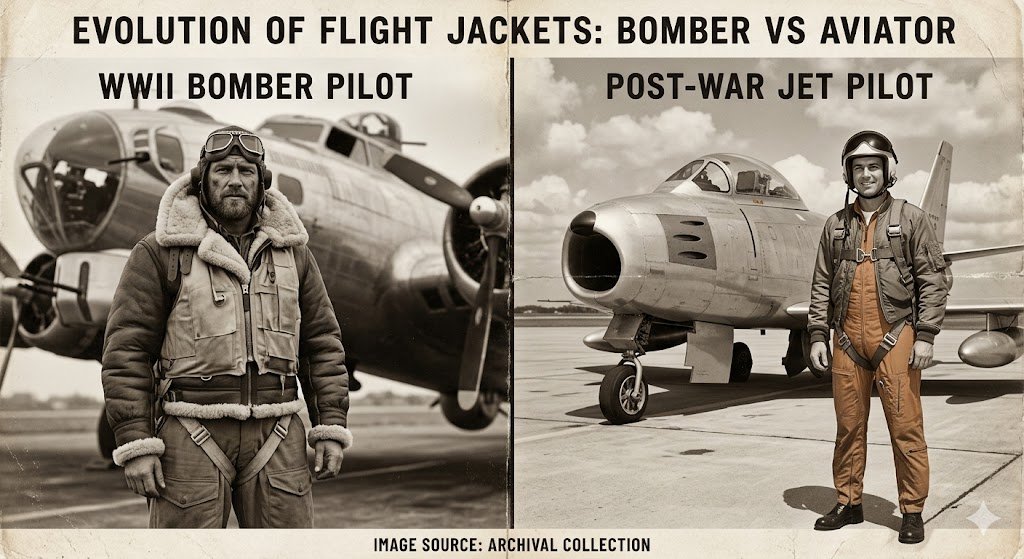 Historical military evolution comparison of the bomber jacket vs aviator jacket silhouettes