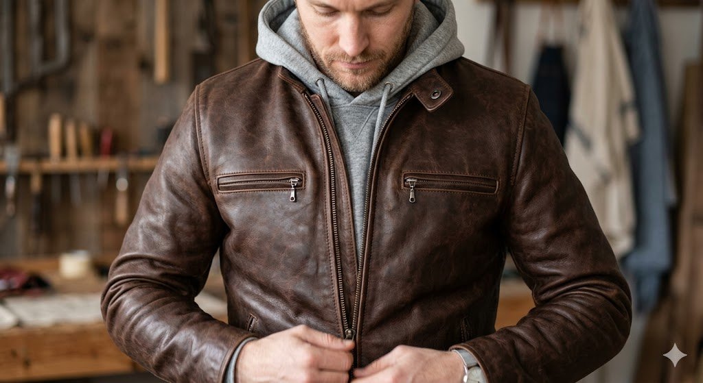 Testing how should a leather jacket fit across the chest with a hoodie underneath