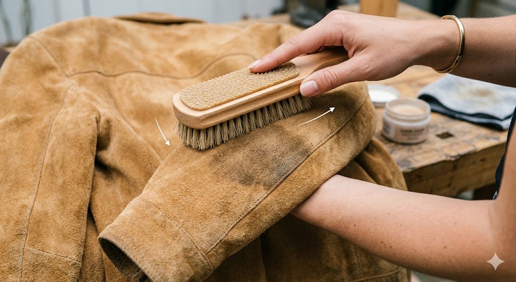 Demonstrating proper brushing technique for a comprehensive suede jacket care guide