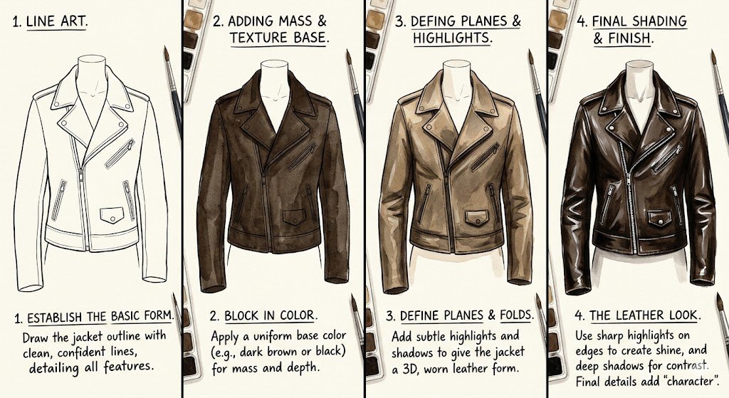 A step-by-step fashion illustration showing how to draw leather jacket textures from line art to final shading