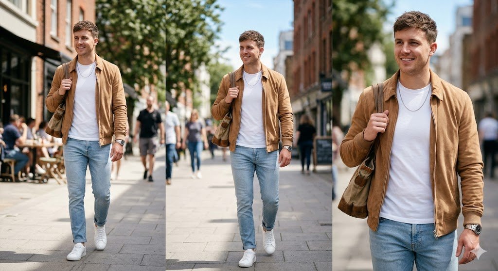 A man executing a perfect June wear leather jacket look by styling a lightweight tan leather jacket unzipped over a white cotton t-shirt