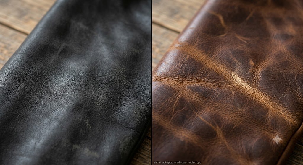 Material aging and texture comparison of a brown vs black leather jacket for women