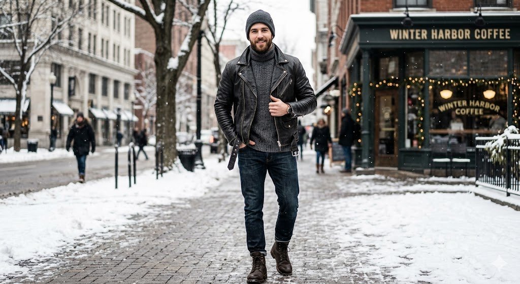 A man demonstrating leather jacket outfits for winter by layering a thick gray knit sweater underneath a black leather biker jacket
