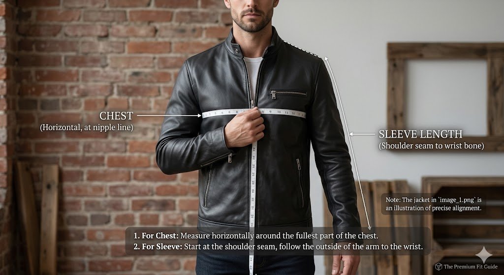 An instructional diagram for a leather jacket sizing guide for men showing the exact placement of the tape measure for chest, shoulder, and sleeve length alignment
