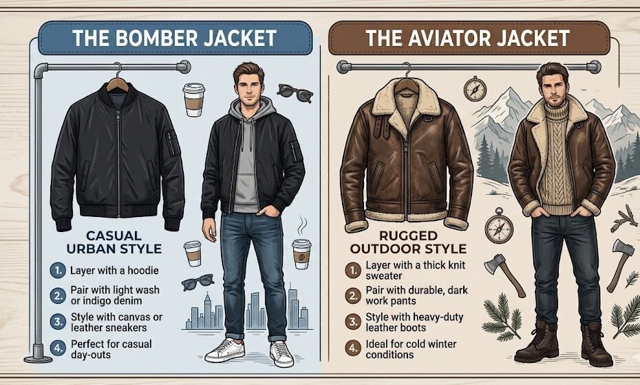 Versatility and styling outfit chart for a bomber jacket vs aviator jacket