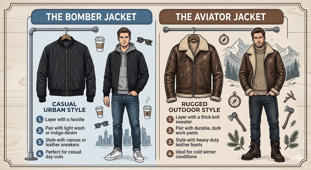 Versatility and styling outfit chart for a bomber jacket vs aviator jacket
