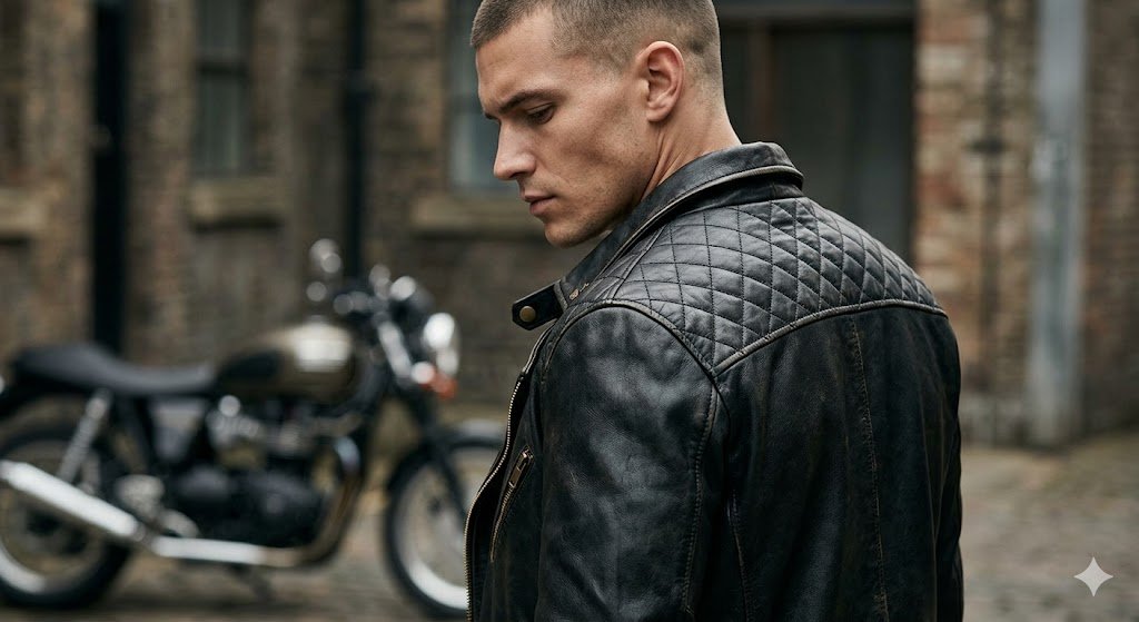 Ideal motorcycle leather jacket shoulder fit on a model