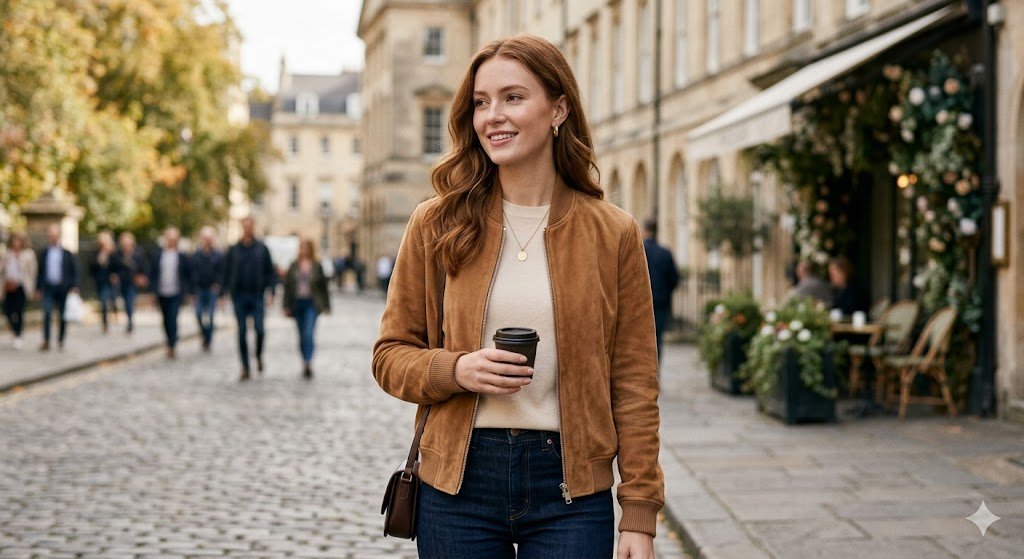 Flawless camel suede bomber jacket showcasing a perfectly maintained nap