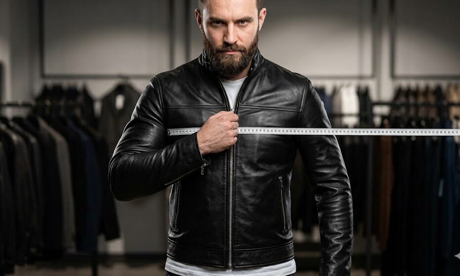 A man testing the fit of a black leather jacket by zipping it up over a light tee to check the shoulder and chest alignment