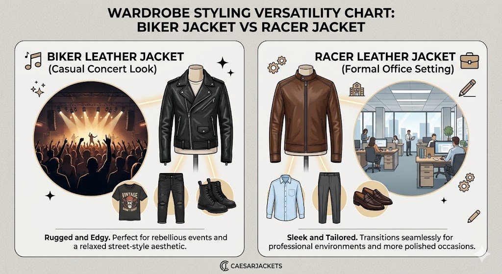 Wardrobe styling versatility chart for a biker jacket vs racer jacket