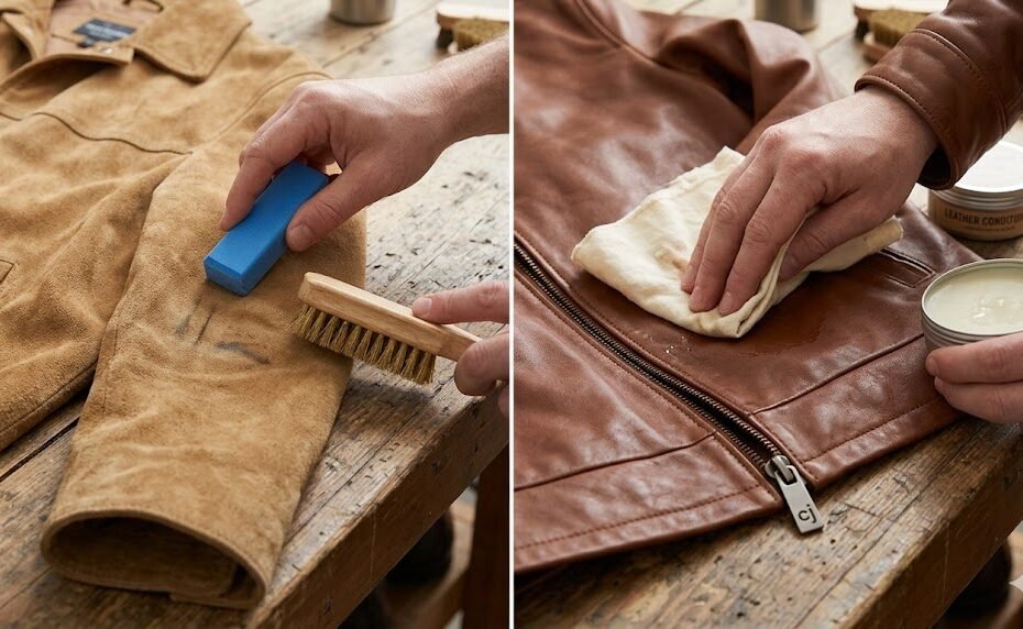 A visual comparison of a suede jacket vs leather jacket during a routine cleaning process
